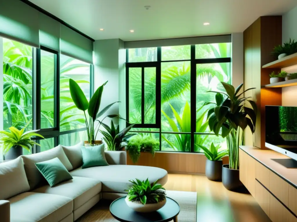 Un acogedor apartamento minimalista con plantas purificadoras de aire, creando un ambiente sereno y natural