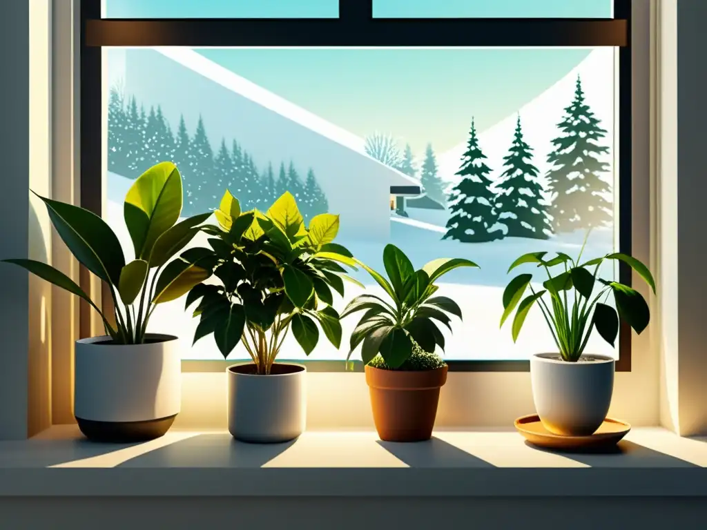 Invierno acogedor: plantas vibrantes junto a la ventana soleada Acogedor espacio interior con plantas vibrantes cerca de ventana soleada protegiéndolas del invierno