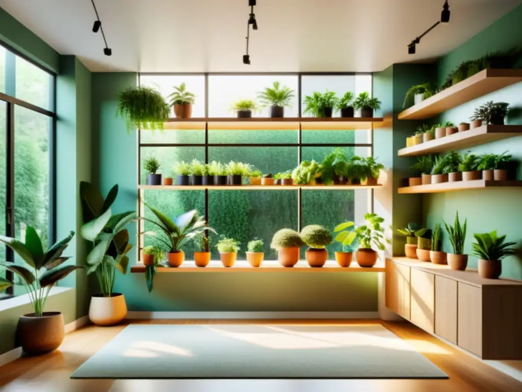 Un acogedor estudio con plantas de interior en estantes flotantes