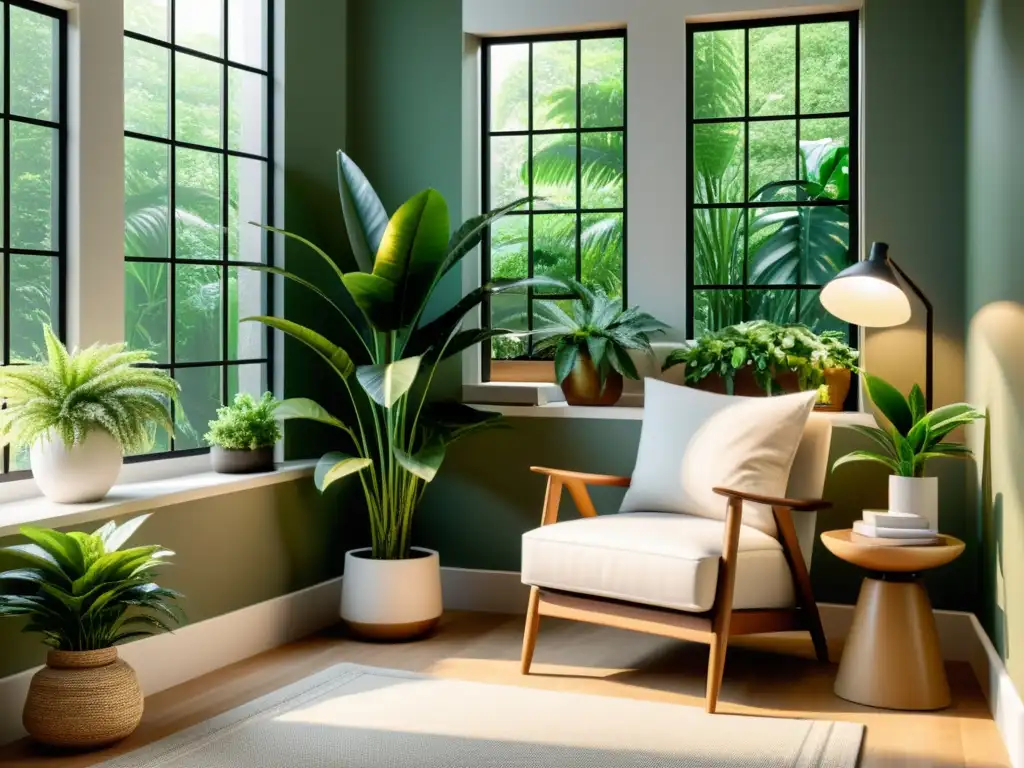 Acogedor rincón de lectura con plantas, sillón cómodo y luz natural, ideal para relajarse con un buen libro