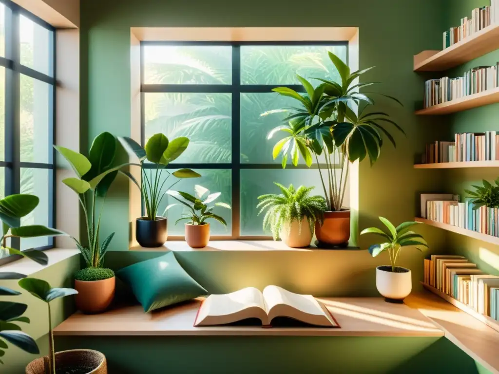 Acogedor rincón de lectura con plantas de interior exuberantes