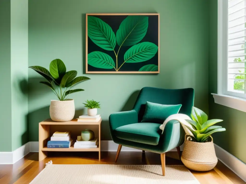 Acogedor rincón de lectura con plantas, sillón esmeralda, manta tejida y libros apilados, bañado por luz natural