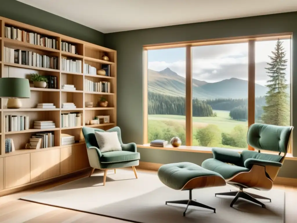 Acogedor rincón de lectura en una sala minimalista con estanterías repletas de clásicos literarios y ventana con vista a paisaje natural