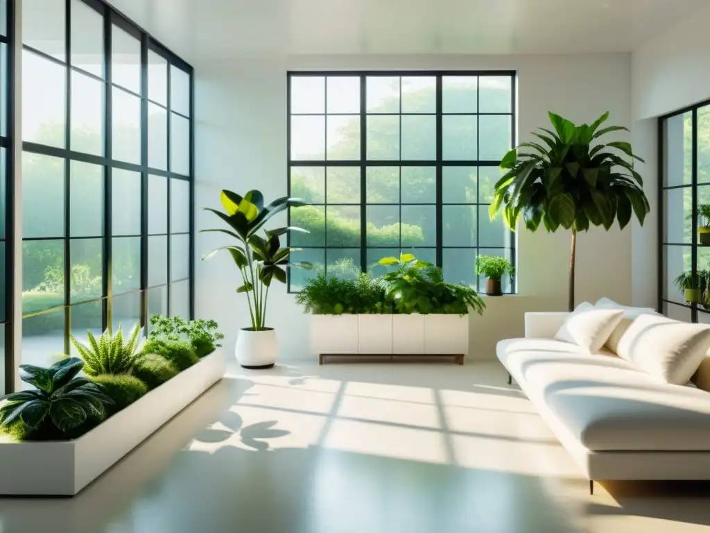 Un acogedor salón minimalista blanco con cuidado de plantas interior en distintas estaciones del año, bañado por luz cálida