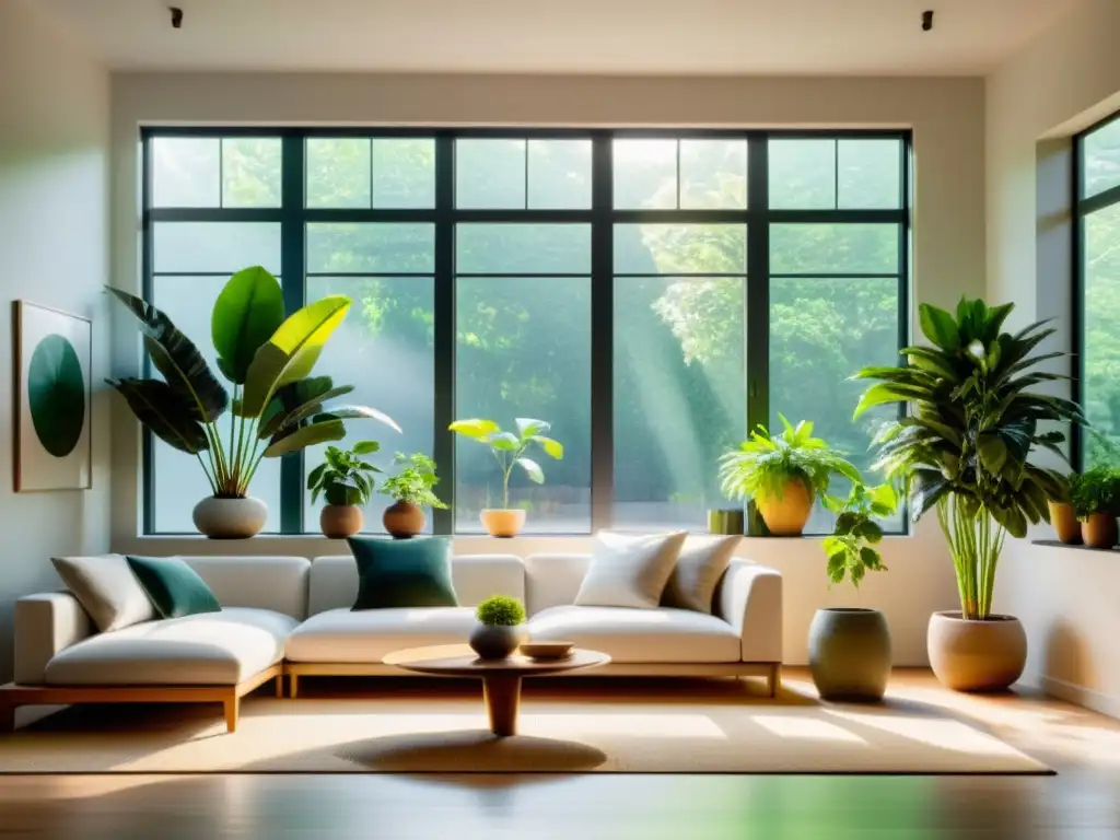 Un acogedor salón minimalista con plantas de interior verdes en macetas modernas