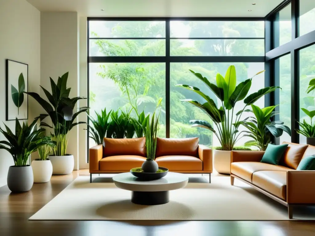 Un acogedor salón minimalista con plantas de interior que atraen buena suerte, creando un ambiente armonioso y tranquilo