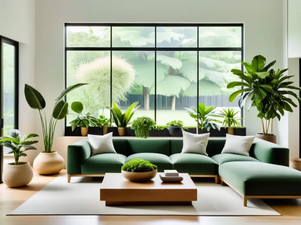 Un acogedor salón minimalista con plantas de interior estratégicamente colocadas para crear un ambiente armonioso y relajante