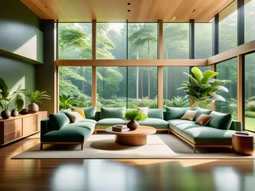 Un acogedor salón minimalista con vista a un exuberante bosque