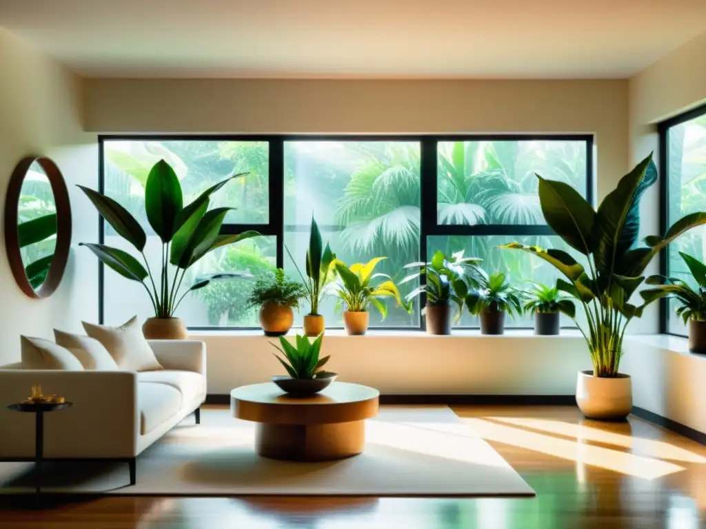 Un acogedor salón con plantas de interior para invierno cálido y luz natural filtrándose por las grandes ventanas