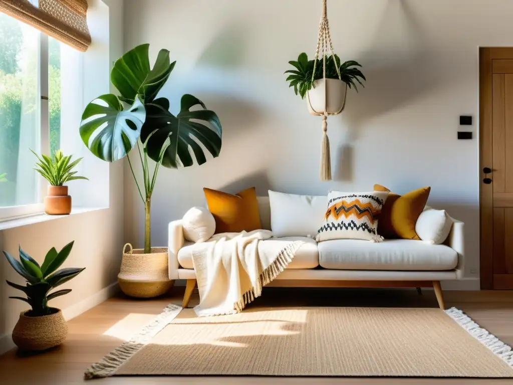 Un acogedor salón con plantas en macramé, sofá neutro y textiles bohemios, combinando textiles y plantas interior