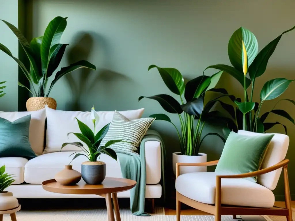 Un acogedor salón con iluminación suave, plantas de interior estratégicamente colocadas y decoración minimalista