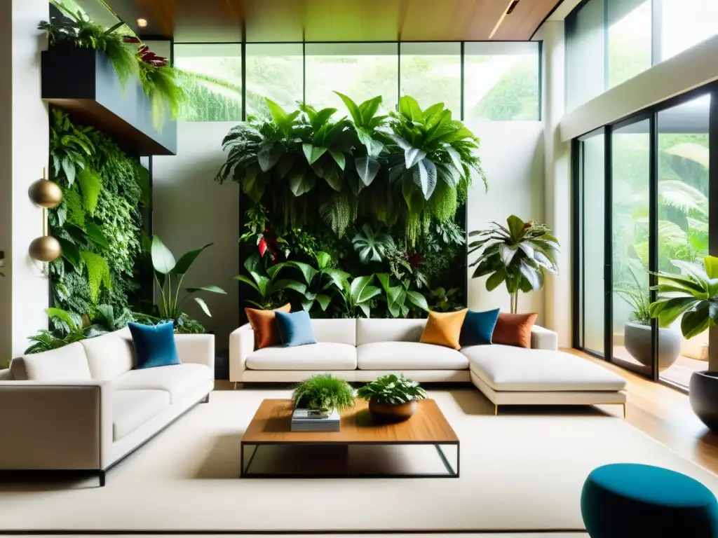 Acogedor salón con jardín vertical, técnicas diseño maximizar biofilia apartamentos