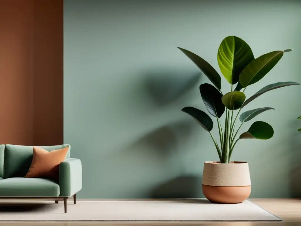 Acogedora sala minimalista con planta de interior en paleta de colores naturales