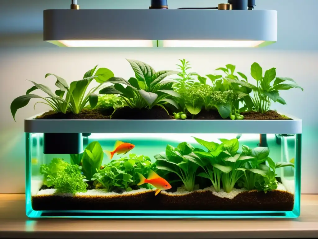 Acuaponía en casa con peces: elegante sistema casero con plantas vibrantes y peces nadando entre las raíces