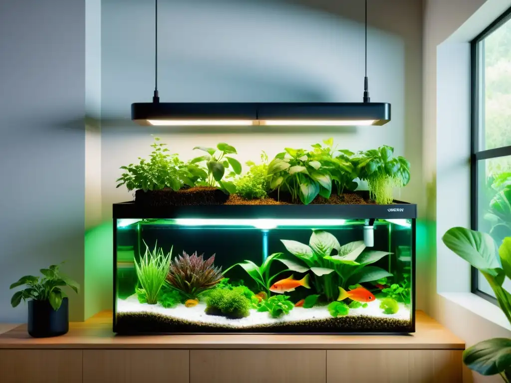 Acuaponía en casa con peces: Sistema moderno y elegante, plantas exuberantes y peces coloridos en un entorno acogedor y soleado