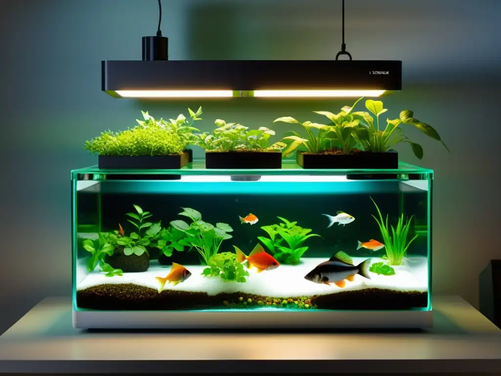 Acuaponía en casa con peces: sistema moderno, minimalista y vibrante, iluminado por luz natural, con peces coloridos y plantas exuberantes