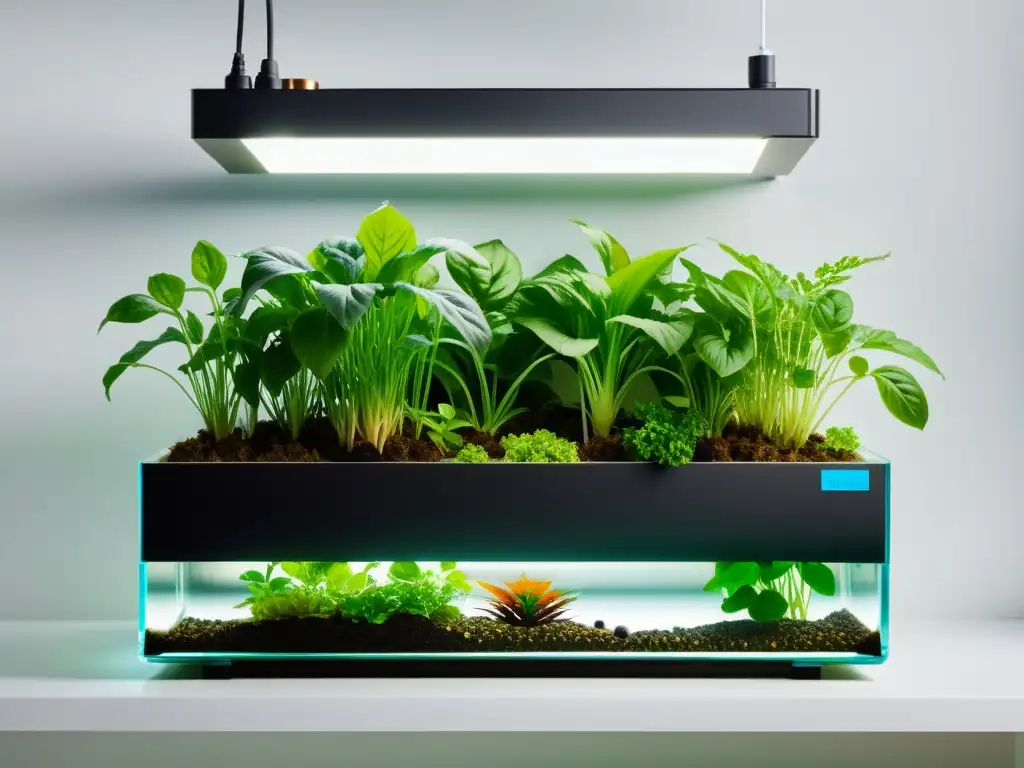 Acuaponía en casa con peces: Sistema moderno y minimalista con pecera transparente y vegetación vibrante en elegante planter blanco