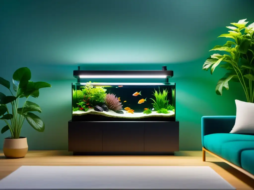 Acuaponía en el living: elegante sistema integrado de acuario y jardín vertical en un salón moderno y armonioso