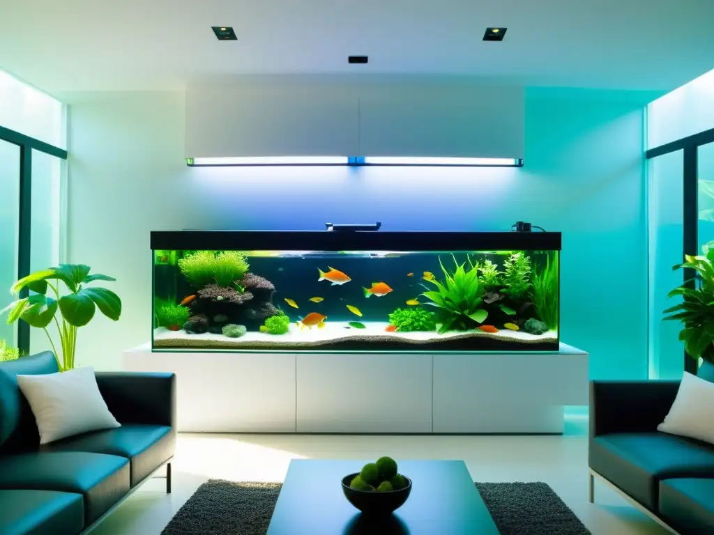 Acuaponía en el living: Sala moderna con acuario empotrado, peces coloridos y plantas hidropónicas, creando un ambiente sereno y armonioso