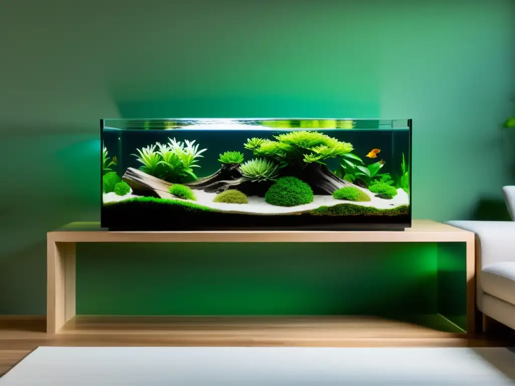 Un acuario de diseño en un salón minimalista, con plantas acuáticas vibrantes