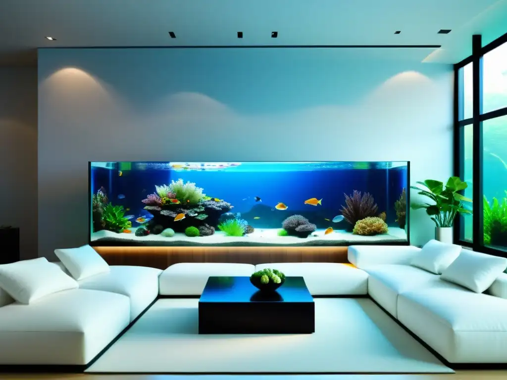 Acuario integrado en la pared de sala minimalista, con plantas acuáticas y peces coloridos