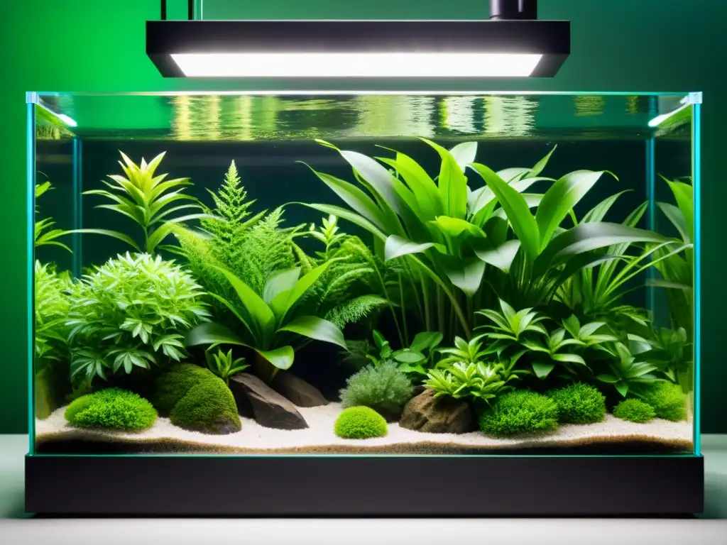 Un acuario minimalista con exuberantes plantas acuáticas verdes