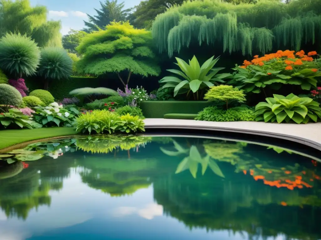 Un jardín acuático con agua cristalina reflejando la serenidad del entorno