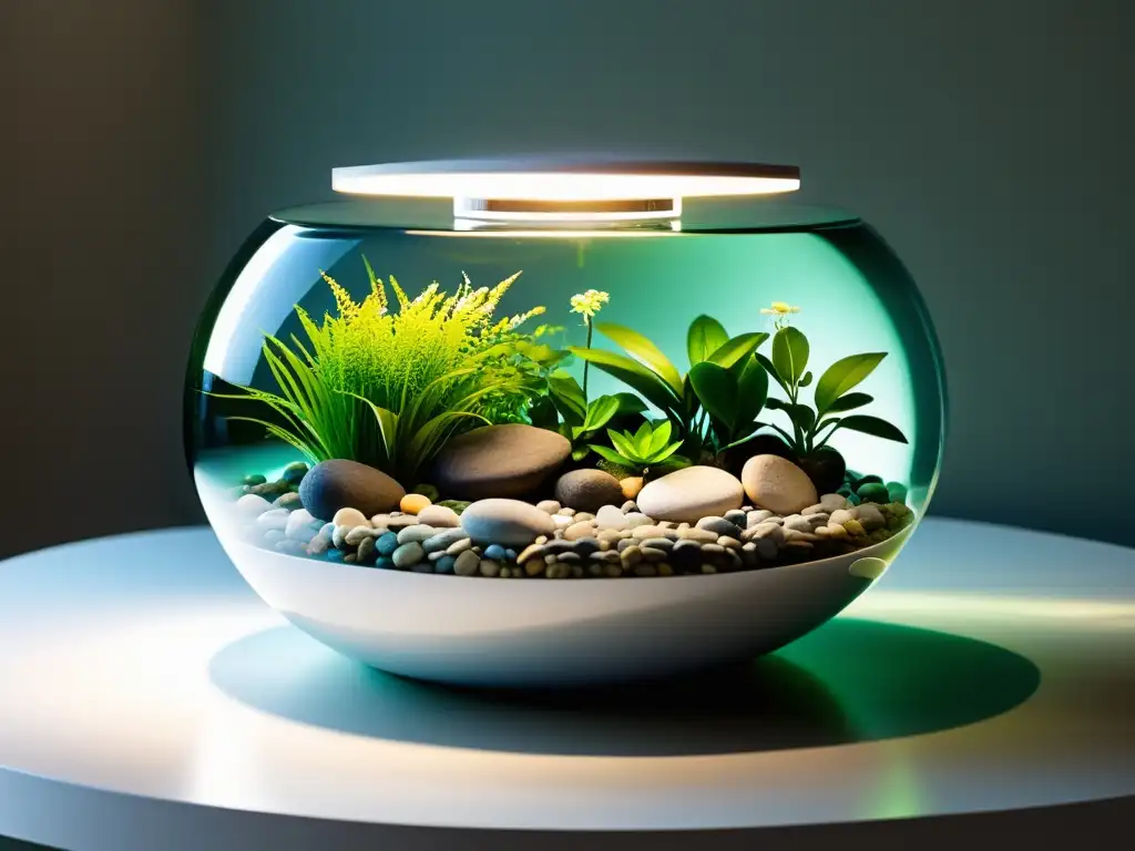 Jardín acuático interior: serenidad en casa Minijardín acuático para interiores: tranquila belleza en mesa blanca iluminada por luz natural
