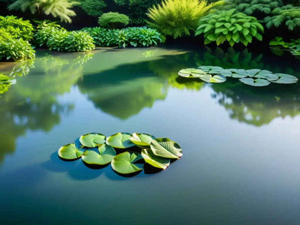 Jardín acuático con plantas purificadoras de agua, creando un ambiente tranquilo y sereno