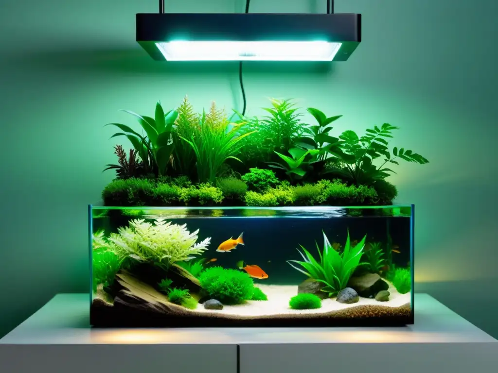 Un jardín acuático interior sereno con un acuario de vidrio lleno de plantas acuáticas vibrantes, peces delicados y luces LED sumergidas creando una atmósfera tranquila