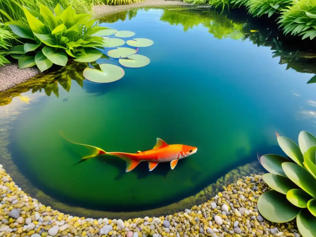 Un jardín acuático sereno con agua cristalina, plantas vibrantes y peces coloridos, evocando armonía y belleza natural