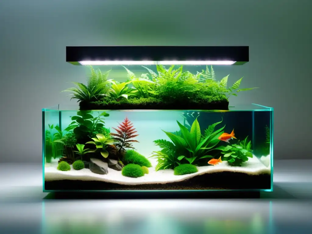 Un jardín acuático interior sereno y minimalista con cuidado de plantas, peces y luz natural filtrada