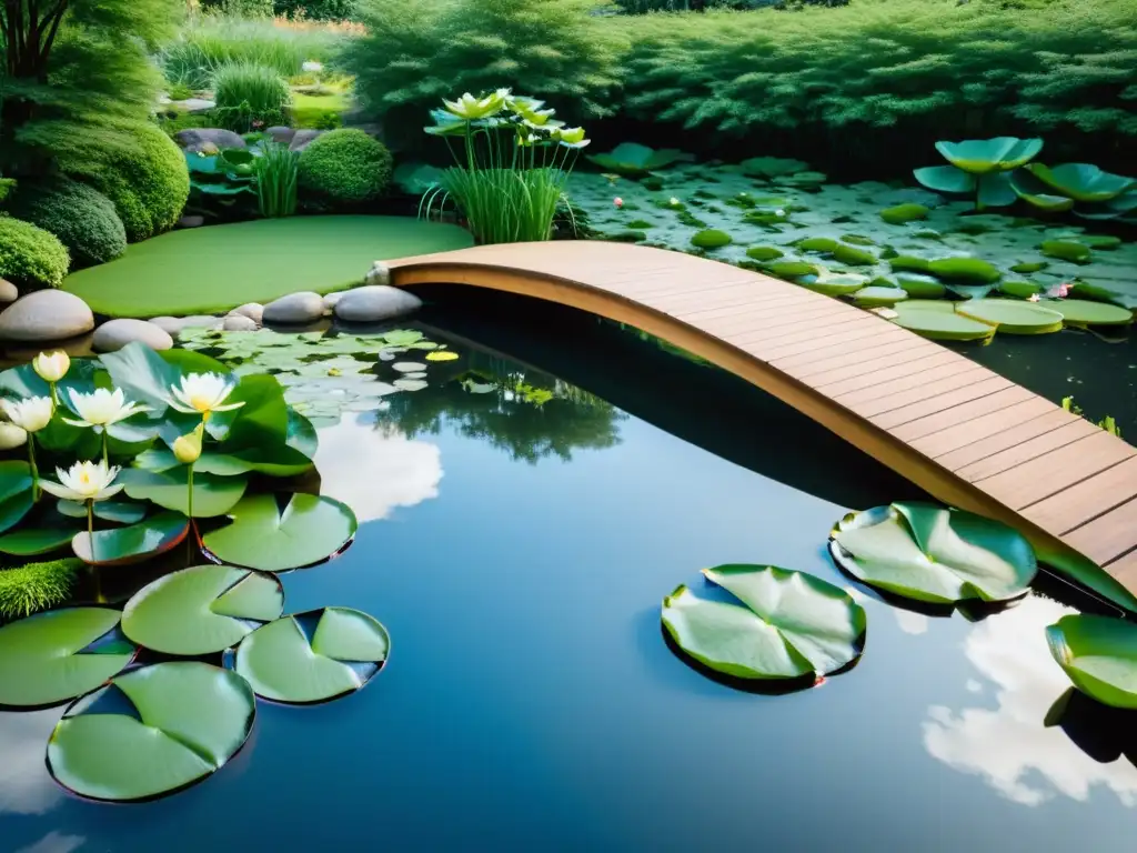 Un jardín acuático sereno y minimalista con un estanque tranquilo rodeado de vegetación exuberante y un puente de madera