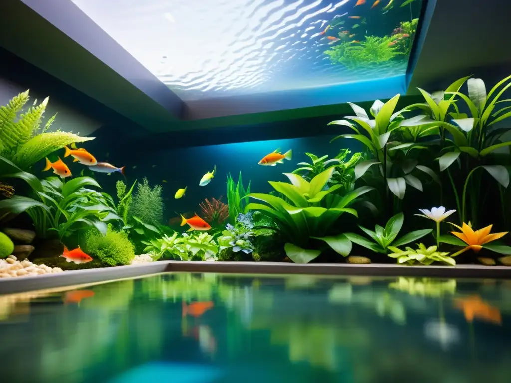 Un jardín acuático interior sereno con peces coloridos entre plantas acuáticas