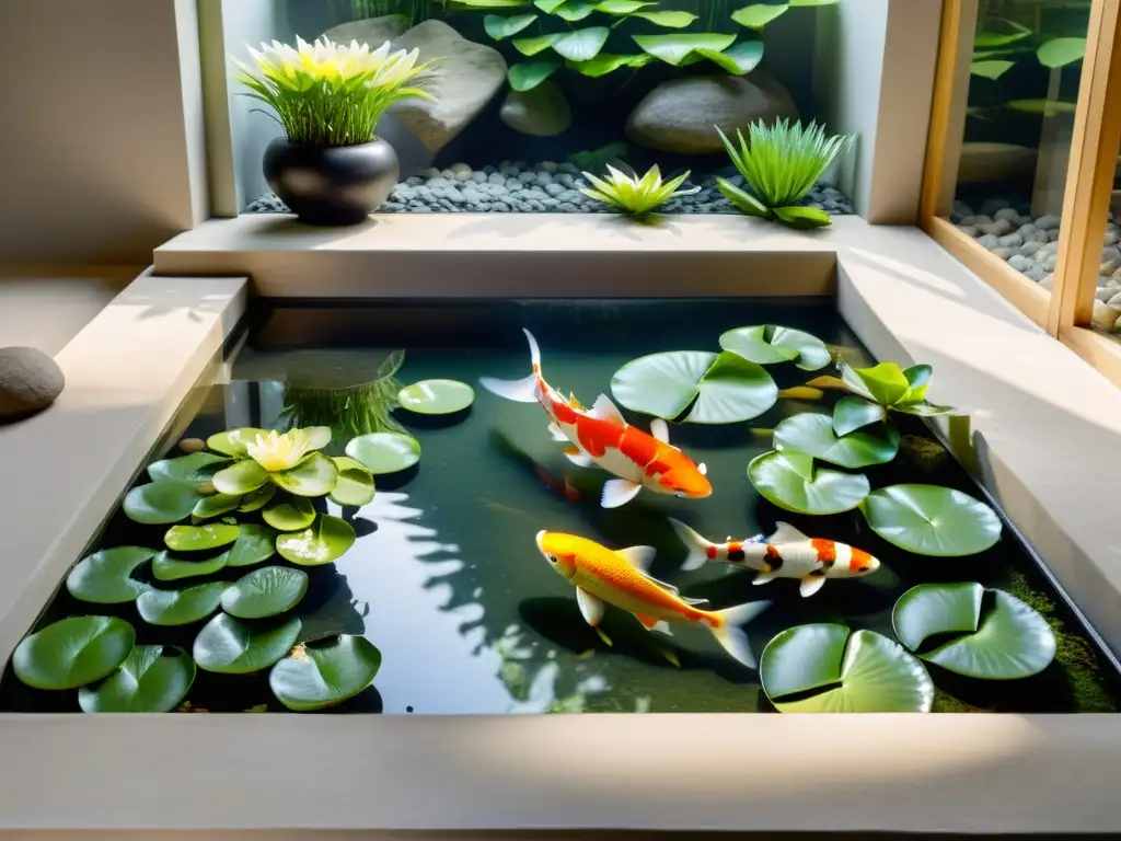 Un jardín acuático interior sereno con plantas acuáticas exuberantes, nenúfares en flor y peces koi nadando graciosamente en el agua clara y tranquila