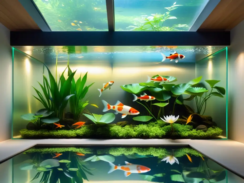 Un jardín acuático interior sereno con plantas exuberantes, lirios de agua y peces koi nadando en un agua cristalina