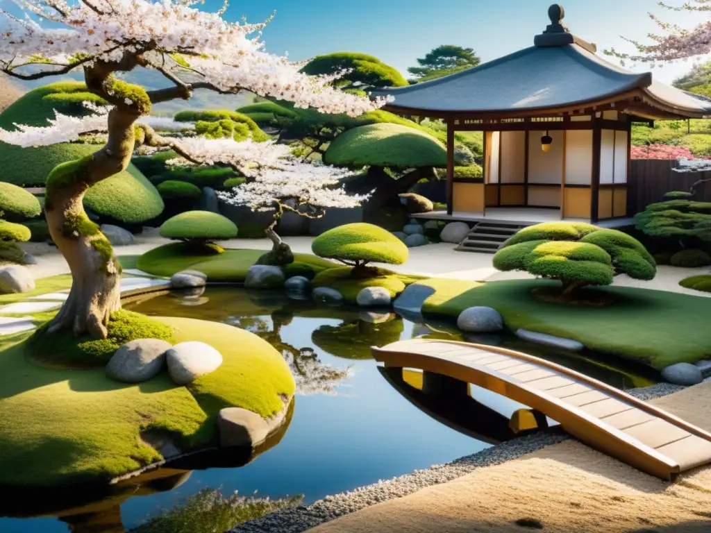 Adaptaciones de paisajes literarios: Jardín Zen japonés con grava blanca, bonsáis y puente sobre estanque con peces koi