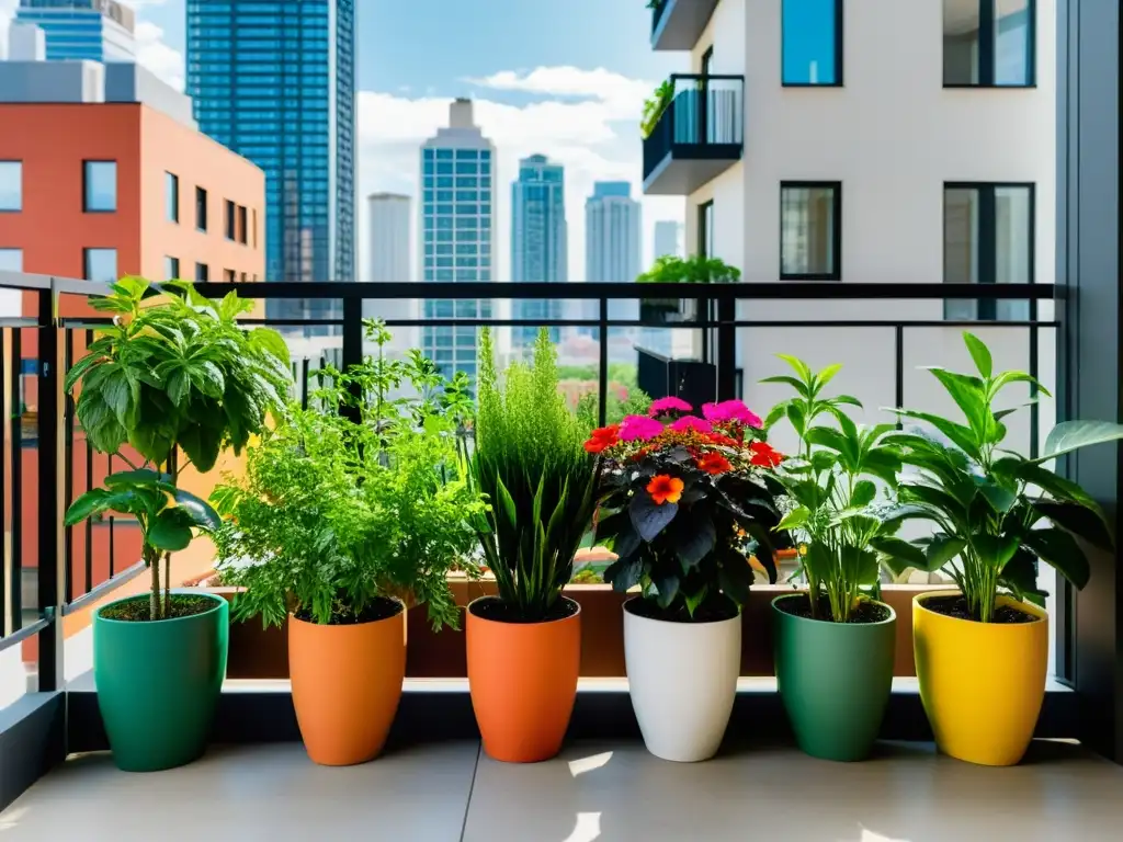 Agricultura urbana en balcones: Jardín vibrante con plantas en macetas, coloridas flores y ambiente urbano soleado