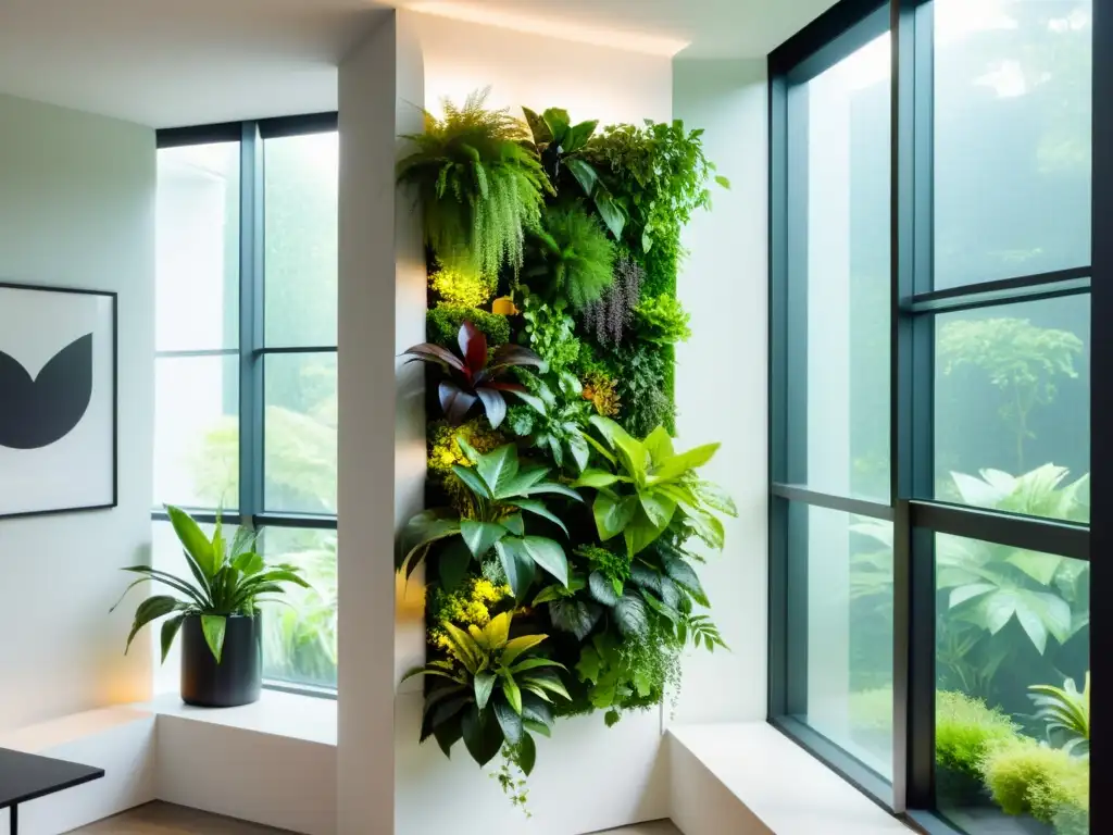 'Agricultura vertical: exuberante jardín interior con plantas verdes en modernos maceteros, creando una atmósfera serena y acogedora