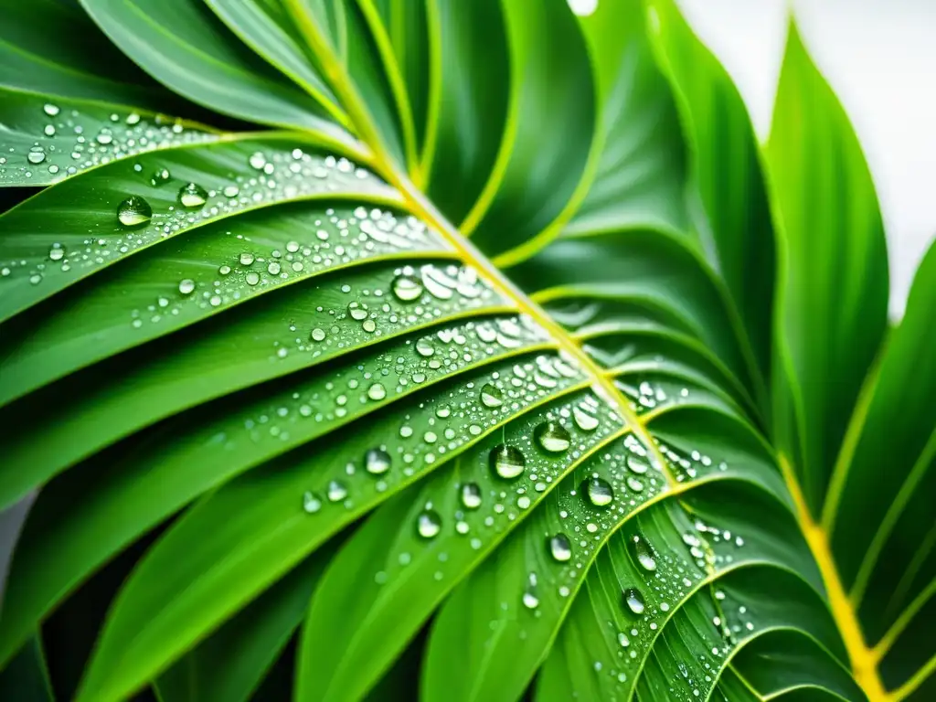 Filtrando aire con plantas tropicales: Detalle de planta tropical verde exuberante con gotas de agua brillando al sol