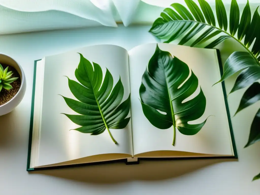 Un álbum fotográfico blanco minimalista abierto en una mesa, con luz natural suave iluminando páginas llenas de hermosas plantas de interior