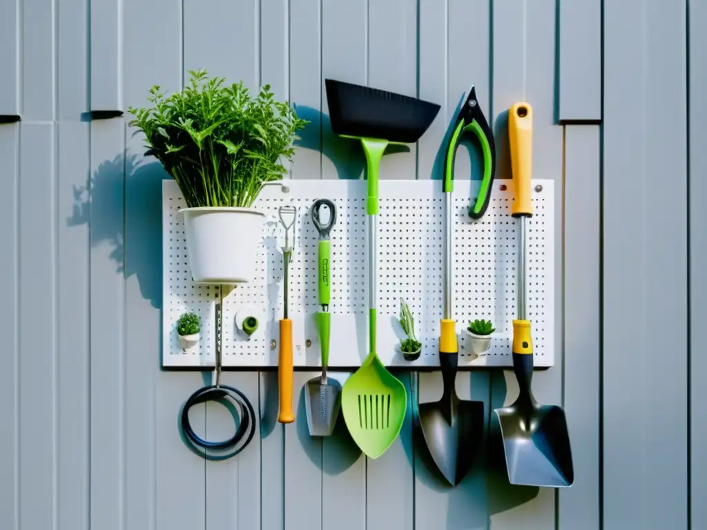 Almacenamiento vertical herramientas jardinería: Pegboard blanco minimalista en pared de ladrillo, herramientas de jardinería ordenadas con elegancia