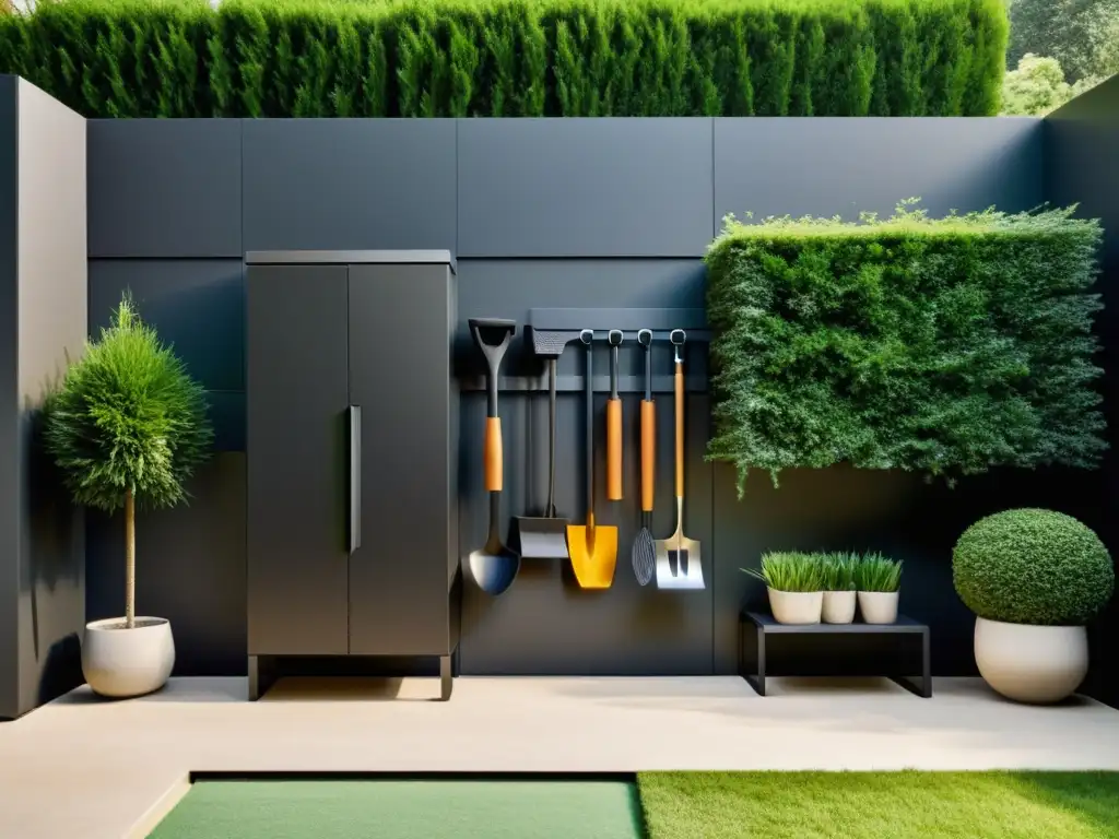 Almacenamiento vertical herramientas jardinería en entorno moderno y cuidado