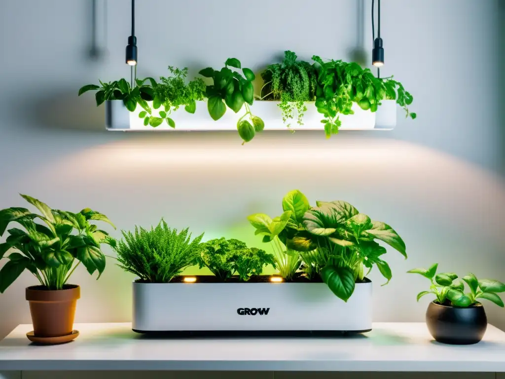 Un jardín interior de alta tecnología y sostenible, con un sistema hidropónico vertical y luces LED, creando un ambiente futurista y minimalista