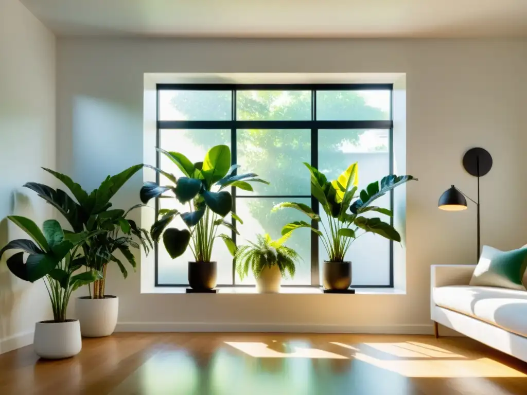 Un amanecer lleno de luz ilumina un salón moderno con plantas de interior vibrantes, creando un ambiente armonioso