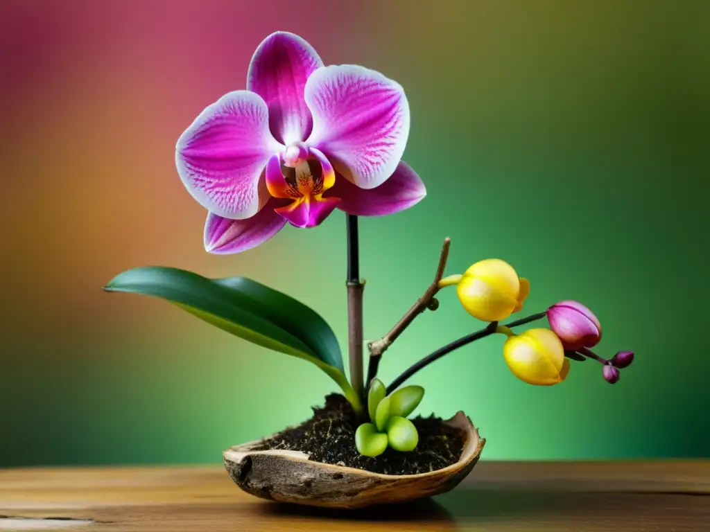 Orquídea Phalaenopsis rosa y amarilla suspendida en madera acentuando su naturaleza epífita