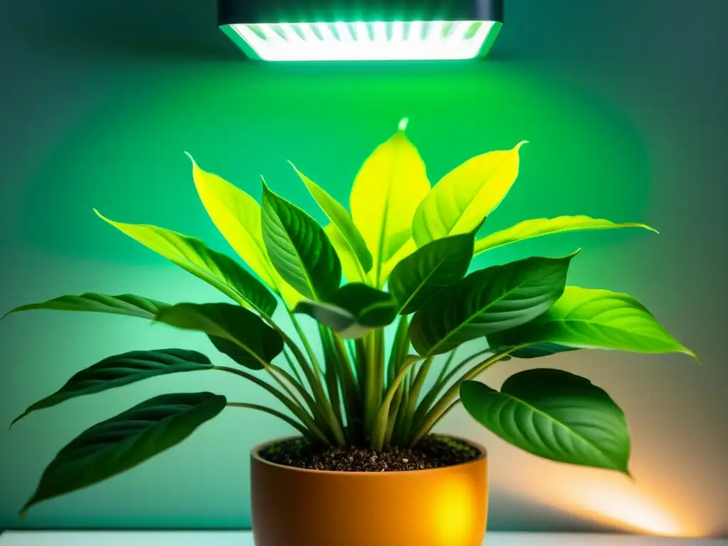 Un ambiente acogedor y sereno, donde la luz resalta la belleza natural de una exuberante planta de interior