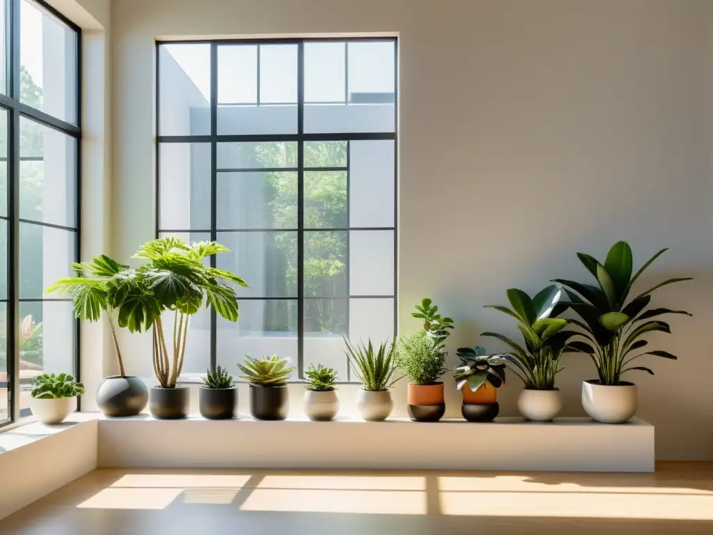 Un ambiente iluminado por el sol con plantas de interior estratégicamente ubicadas, creando un espacio sereno y acogedor