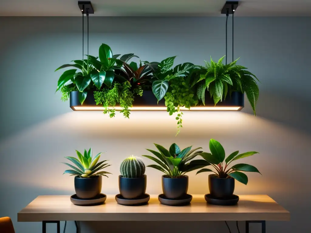 Un ambiente interior moderno con plantas exuberantes y luces LED ajustables que emiten una cálida iluminación sobre el follaje