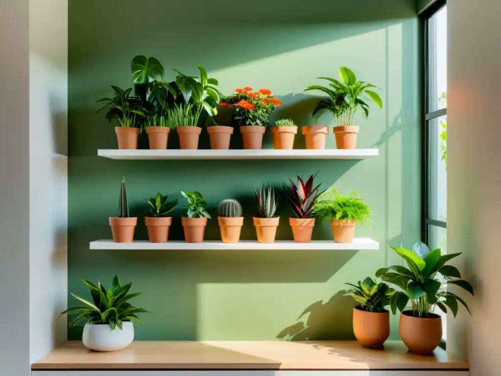 Un ambiente interior sereno y armonioso con plantas de interior con propiedades curativas, iluminado por luz natural suave